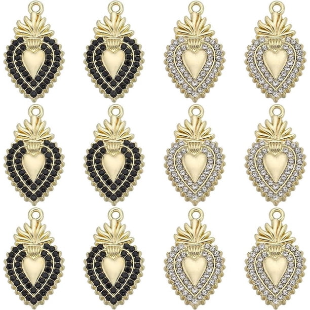 1 caja de 20 dijes del Sagrado Corazón, dije de corazón dorado con micro pavé de circonitas cúbicas negras y transparentes. Amuleto del Sagrado Corazón para Pascua.