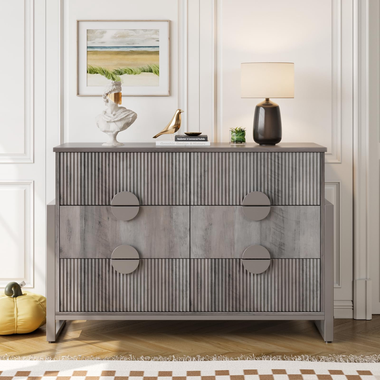 Gray 6 Drawer Dresser for Bedroom, Modern Wide Chest Of Drawers Wood Storage Cabinet for Living Room