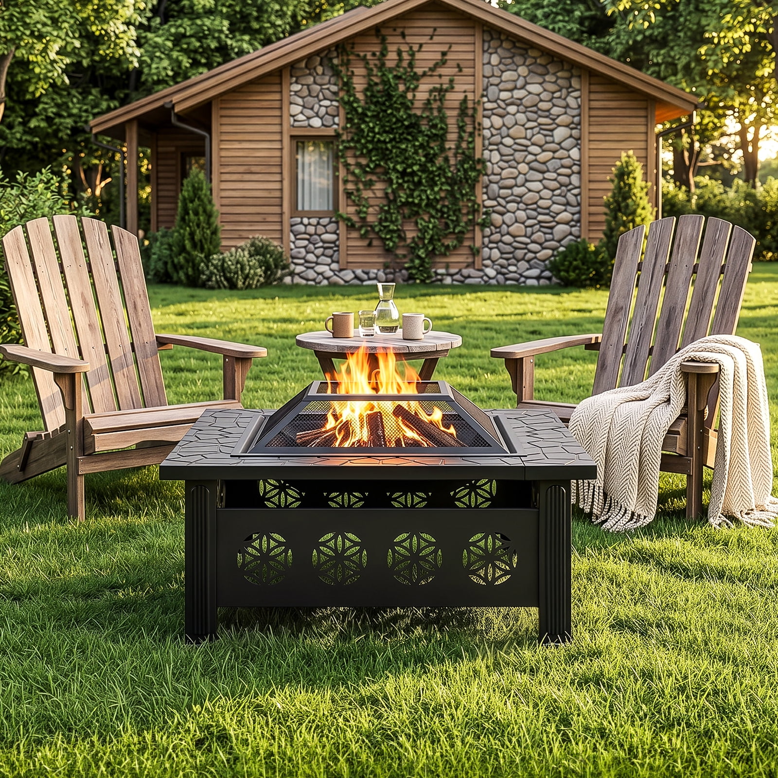 32 Inch Square Outdoor Wood Burning Fire Pit Table, Heavy Duty Wrought Iron Firepit with Pyramid Spark Screen Lid & Fire Poker, Decorative Floral Cutout Patio Fire Pit for Backyard, Garden, Lawn