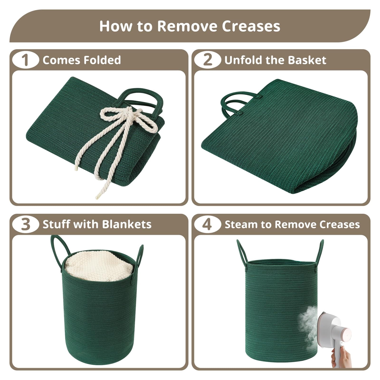 60L Large Woven Laundry Basket Hamper, 100% Natural Cotton Rope, Handwoven & Durable, Storage for Blankets, Toys, Clothes, Nursery Hamper for Living Room, Baby Room, Bedroom (Brown and White)