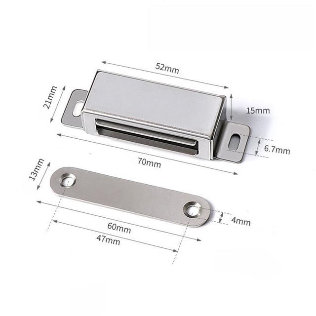 Bgsha Magnetic Door Catch Cabinet Door Magnets in stainless steel with a polished chrome finish. The set includes a magnetic latch and an ultra-thin adhesive strike plate. The latch measures 52mm x 21mm x 15mm, and the strike plate measures 70mm x 13mm x 4mm. Designed for heavy-duty use, it provides strong magnetic pull to securely close doors, cabinets, and drawers. Suitable for kitchens, bathrooms, and outdoor environments, it resists wear and moisture. Features adjustable mounting holes for easy installation.