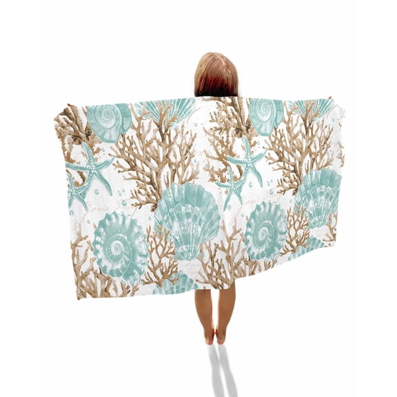 Green Coastal Seashells Beach Towels Oversized Super Absorbent, Nautical Brown Coral Starfish Lightweight Bath Towel Quick Dry Sets For Bathroom/Pool/Rv Camping/Beach Play/Gym Room/Picnic 23"x47"