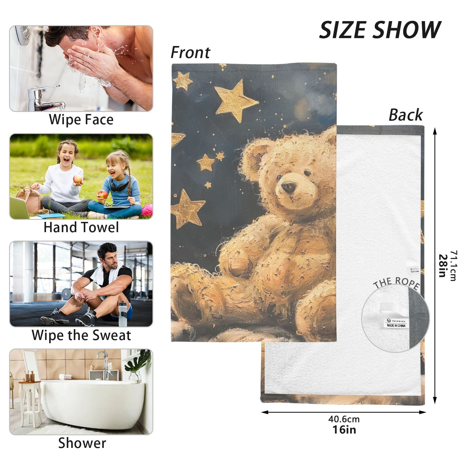 Teddy Bear Stars Hand Towels Cotton Bath Towels Large Face Towels Absorbent for Bathroom 2 Packs