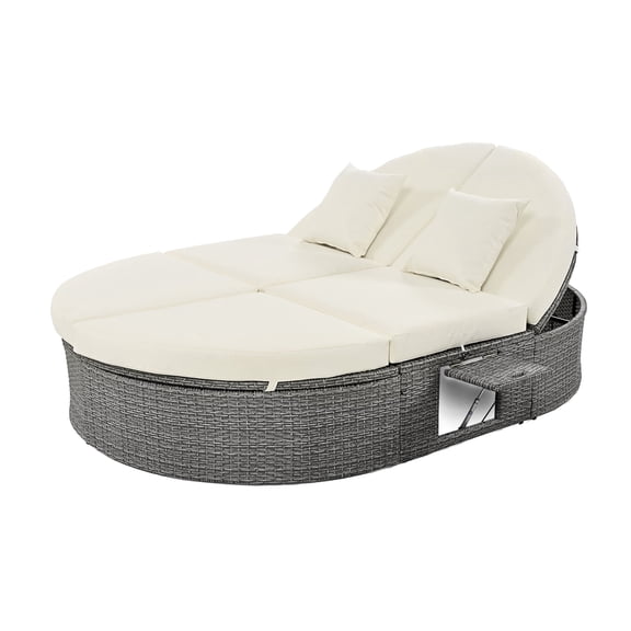 Miekor Outdoor Sun Bed Patio 2-Person Daybed with Cushions and Pillows, Rattan Garden Reclining Chaise Lounge with Adjustable Backrests and Foldable Cup Trays for Lawn, Poolside, Beige W4US5AAA