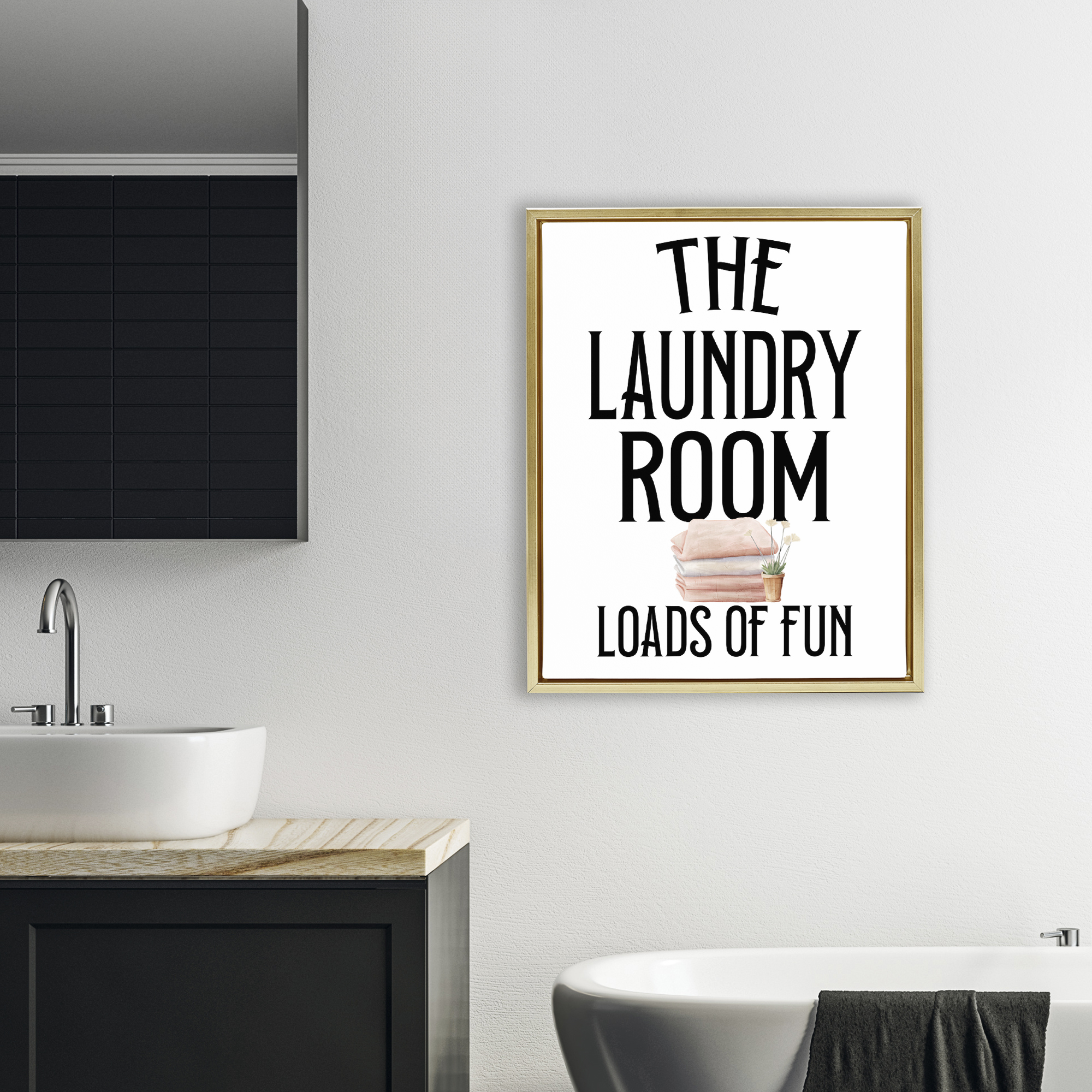 Laundry Room Fun Minimal Gold Framed Floater Canvas Wall Art, design by Kim Allen