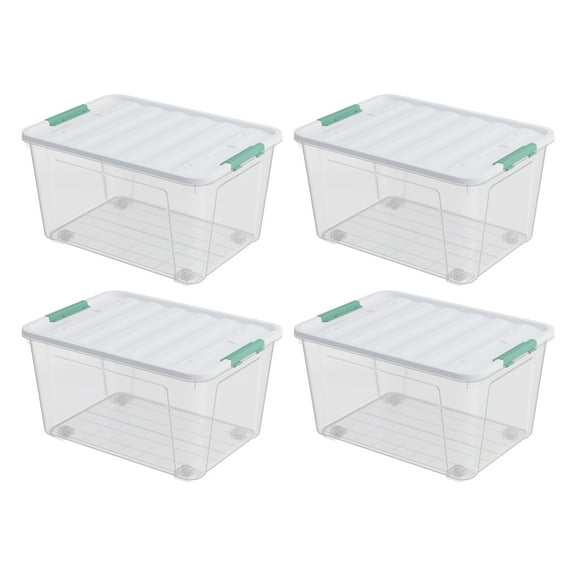 Haodehen 4-Pack Clear Plastic Storage Box with Wheels, 85 Quart Large Plastic Storage Bins with Latch Lids