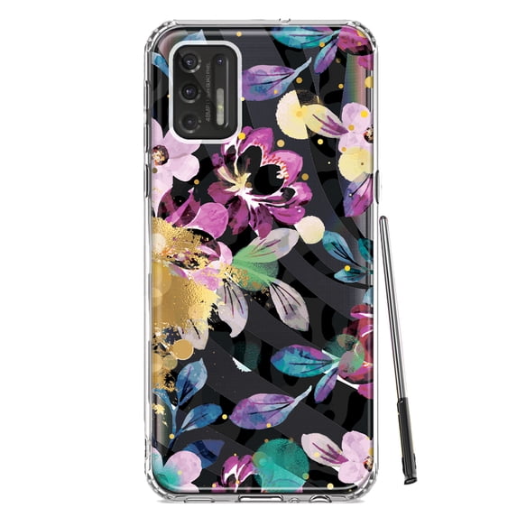 MUNDAZE Motorola Moto G Stylus 2021 Shockproof Clear Hybrid Protective Phone Case Zebra Stripes Tropical Flowers Purple Blue Summer Vibes Cover