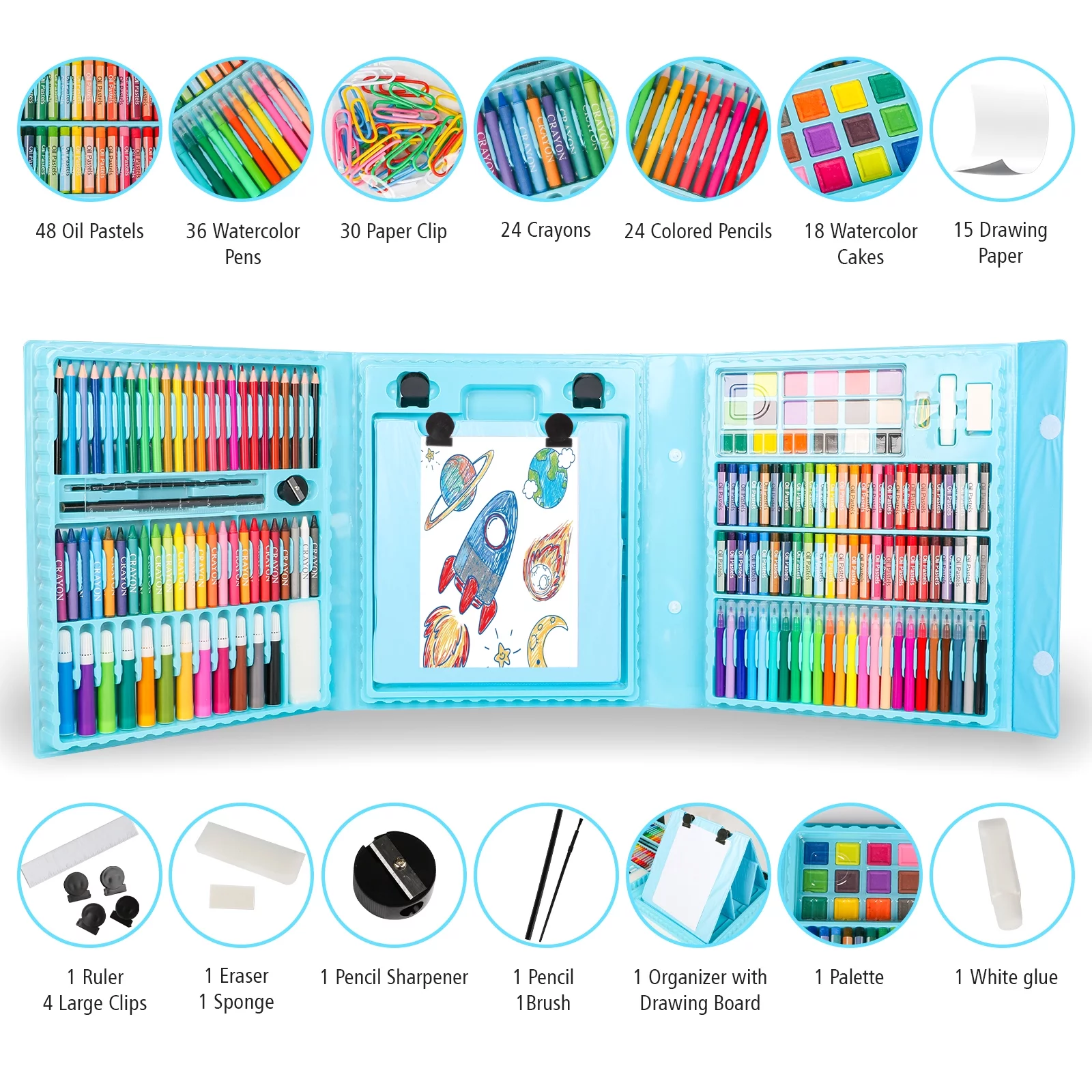 208-Pack Art Supplies, Deluxe Portable Art Set Crafts Drawing Painting Coloring Kit, Kids Adults Art Set with Double Sided Trifold Easel,Creative Gift Box for Artist Beginners Kids Girls Boys,Blue