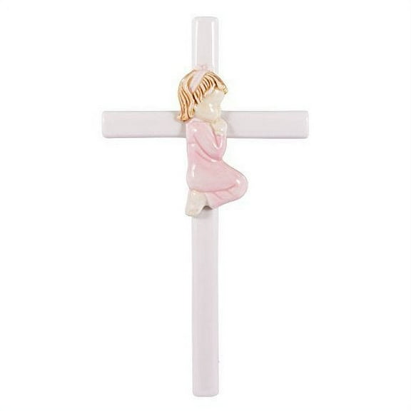 Praying Girl Hand Painted White Porcelain 7.5 inch Wall Cross