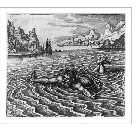 Historic Print, [Neptune floating in harbor of city], 16" x 20"