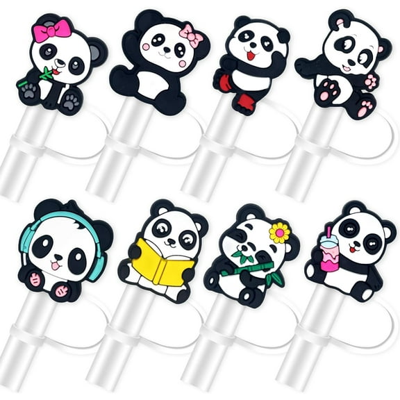 8Pcs Cute Panda Straw Toppers, 10mm Straw Cover Caps Compatible with 30&40 Oz Tumbler, Drinking Straw Covers Cap for Tumbles Cups Accessories