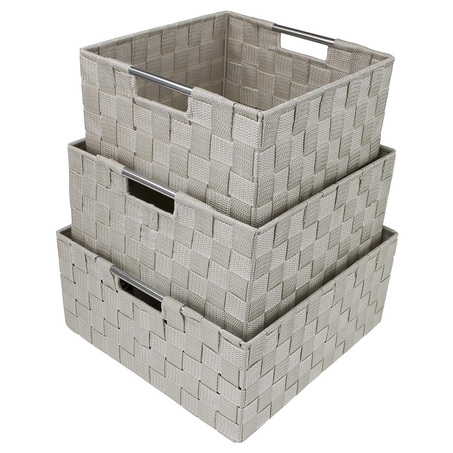 Sorbus 3 Piece Woven Storage Basket Set, Stackable Cube Bins with Handles, Beige Organizer Totes
