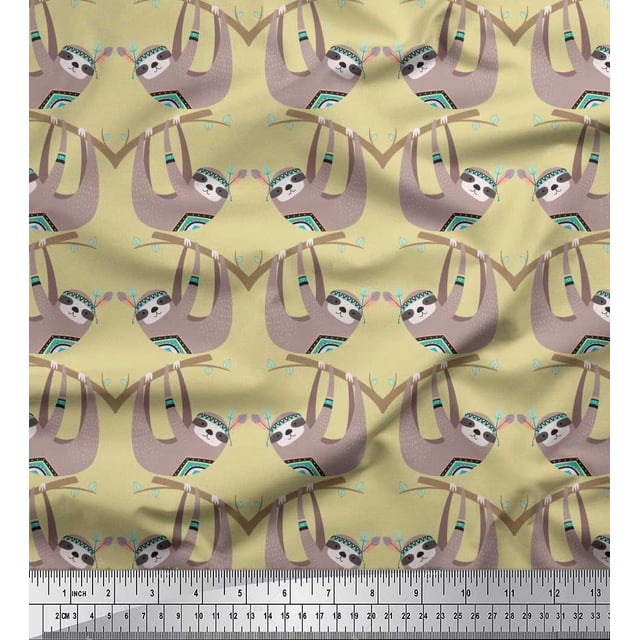 Soimoi Rayon Fabric Feather,Branch & Sloth Cartoon Fabric Prints by Yard 56 Inch Wide
