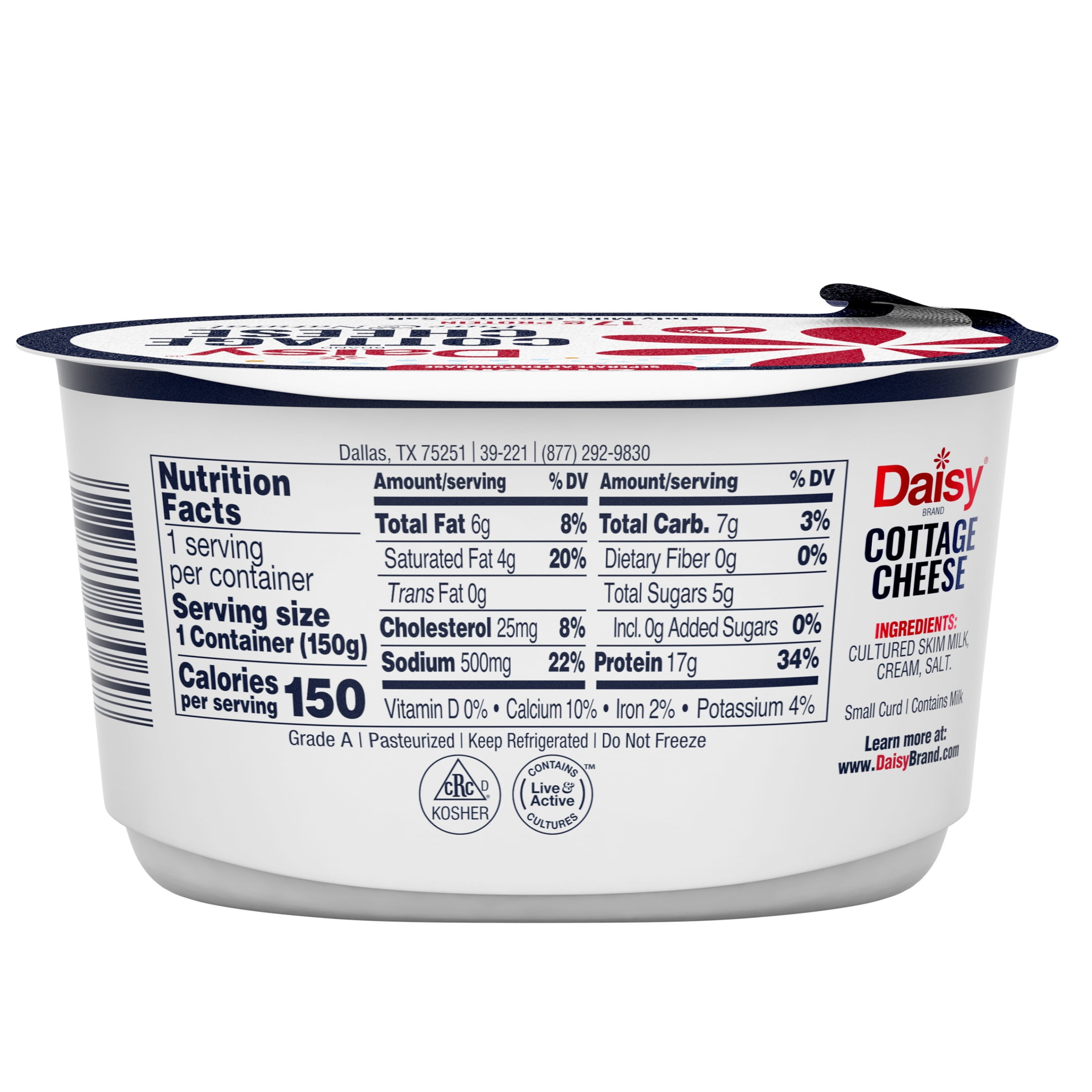 Daisy Pure and Natural Cottage Cheese, 4% Milkfat, 2-Pack 5.3 oz Cups (Refrigerated) - 17g of Protein per Serving