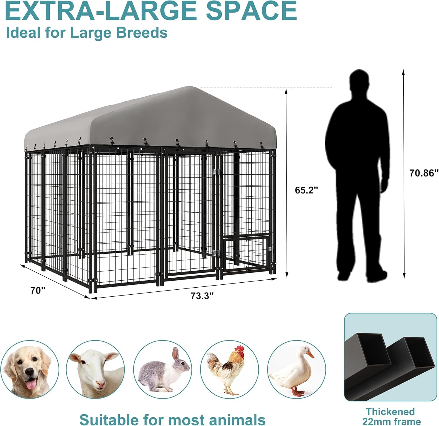 73"x70"x65" Dog Kennel Outside, Large Outdoor Dog Kennel with Feeding Door and Double Lock, Heavy-Duty Weatherproof Dog Cage and Dog Fence with Roof, Dog House Outdoor for Large Dogs, Easy Assembly