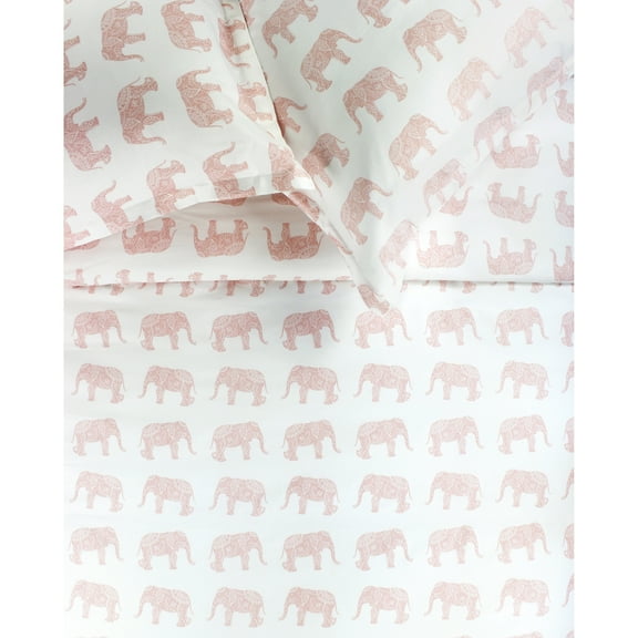 Melange Home Printed Design Cotton Collection 400 Thread Count Pink Elephants Duvet Set Queen 3 Piece