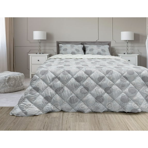Abstract Comforter & Sham Bedding Set, Circular Round Pastel Toned Lilac Flower Pattern Design, 3 pcs Duvet Set Microfiber Filling Quilt, 5 Sizes, Pale Peach Blue Grey, by Ambesonne