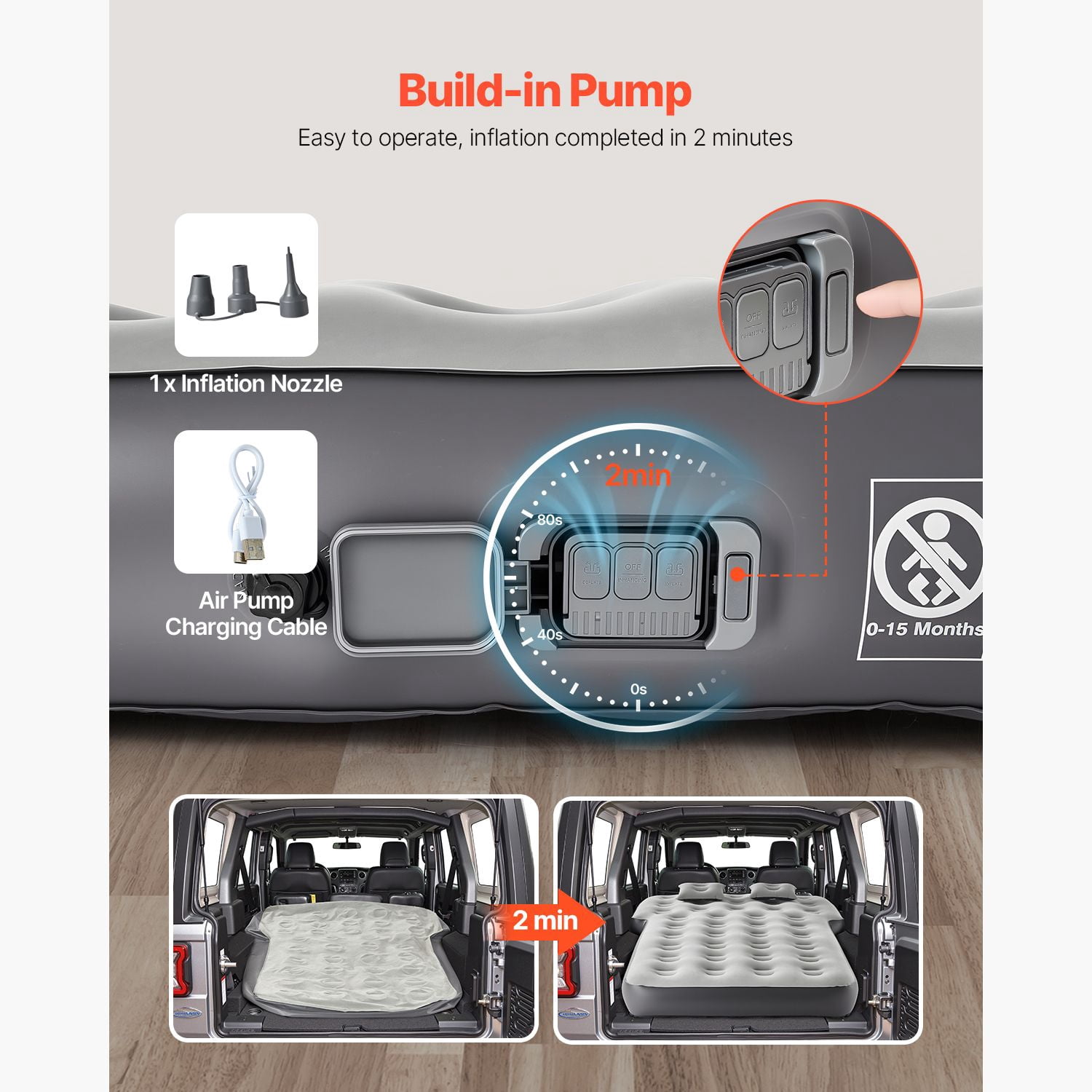 Car Air Mattress, Fits Toyota 4runner, Jeep Wrangler, Inflatable Car Camping Mattress, Flocking Thickened Blow Up Travel Beds, Durable Portable Sleeping Pad with Built in Pump, 2 Pillows, Gray