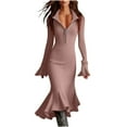 thumbnail image 1 of Pulls pour Femmes, Élégant Robe Chandail en Chiffon Uni à Manches Longues Demi-Fermeture à Glissière Évasées en Tricot Résille, Robe Maxi pour Femmes, 1 of 9