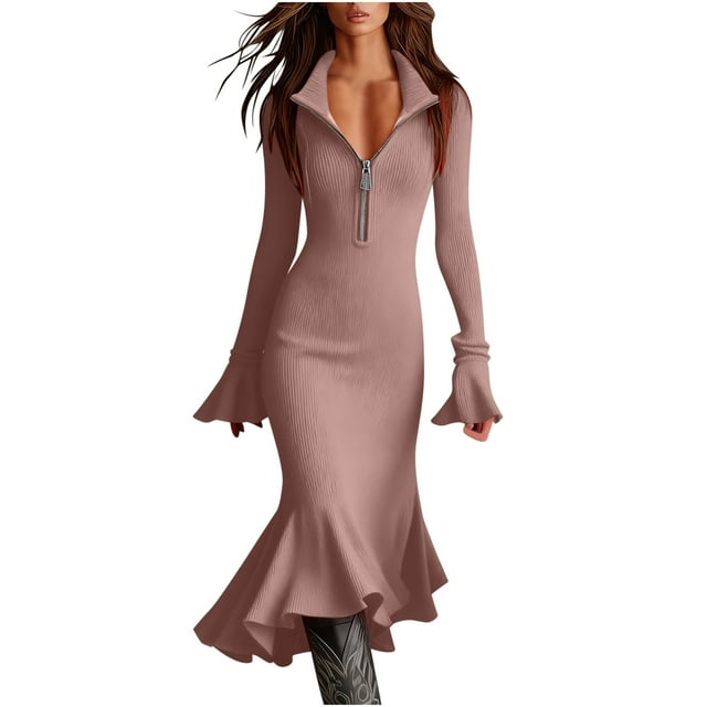 Pulls pour Femmes, Élégant Robe Chandail en Chiffon Uni à Manches Longues Demi-Fermeture à Glissière Évasées en Tricot Résille, Robe Maxi pour Femmes