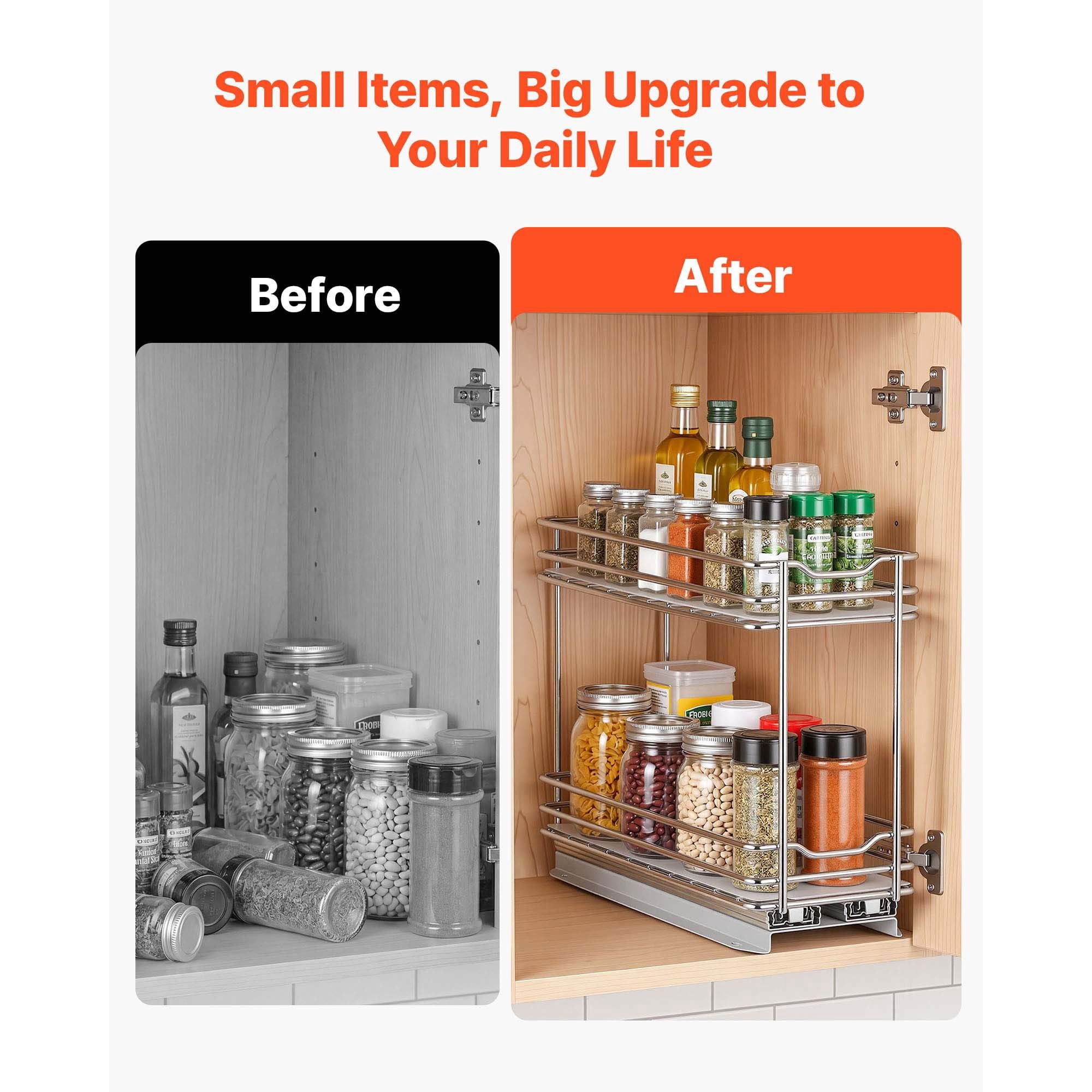 Pull Out Spice Rack Organizer for Cabinet, 2 Tier Slide Out Spice Rack Organizer, Heavy Duty Metal Seasoning Kitchen Basket for Inside Cabinets & Pantry Closet, 4.33"W x 8.46"D x 10.43"H, Silver