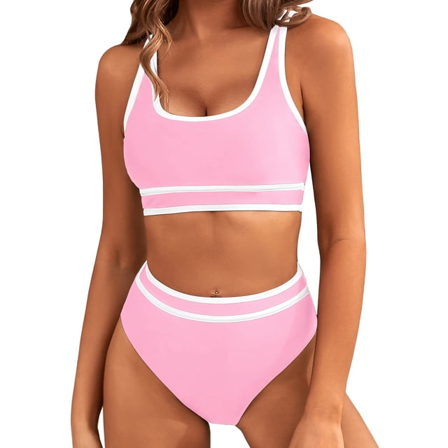 High Waisted Swimsuits Women Bikini Set Adjustable Strap Sports Crop Top and Bottom 2 Piece Color Block Swimwear (Small, Pink)
