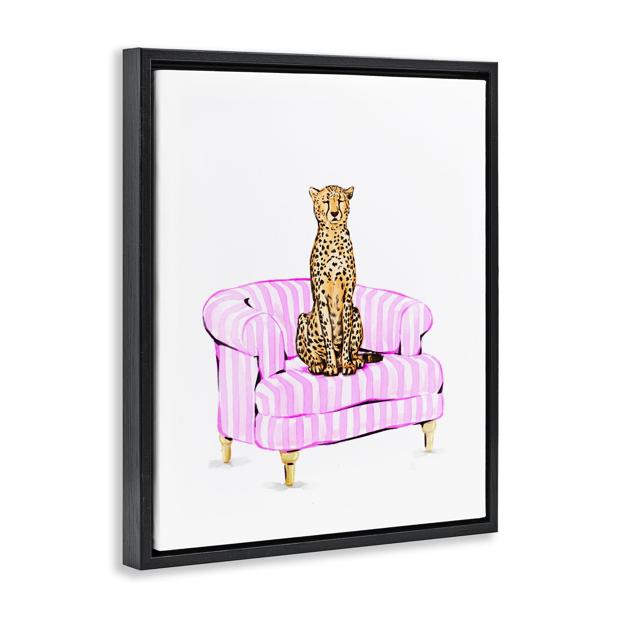 Cheetah on Pink Stripe Chair Black Framed Floater Canvas Wall Art, design by Ziwei Li