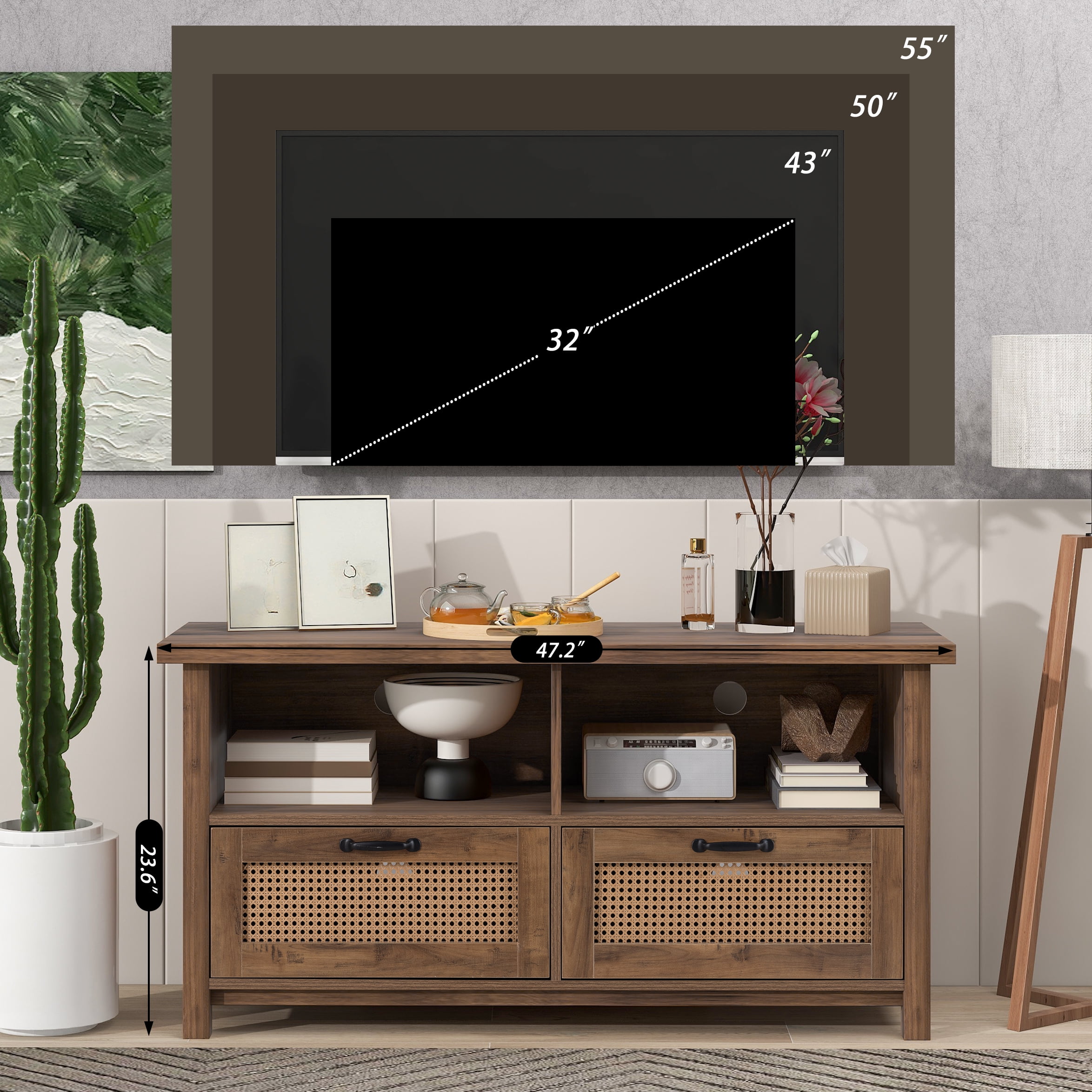 Resenkos Rattan Entertainment Media Center for up to 55 inches TV, TV Console Stand Cabinet with 2 Drawer and 2 Open Shelves Brown Resenkos Rattan Entertainment Media Center for up to 55 inches TV, TV Console Stand Cabinet with 2 Drawer and 2 Open Shelves Brown