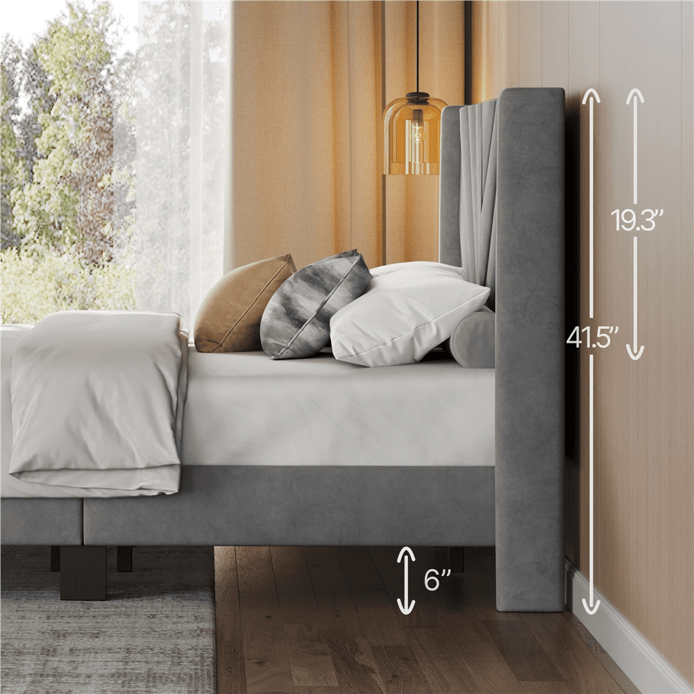 Renwick Upholstered Platform Bed Frame with Wooden Slat Support, King, Light Gray