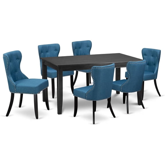 HomeStock 7 Piece Dining Table Set Consist of A Rectangle Kitchen Table and 6 Blue Linen Fabric Parsons Dining Chairs, 36X60 Inch, Black