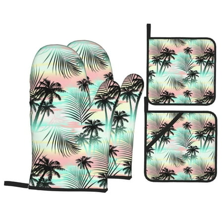 

Oven Mitts and Pot Holders Sets 4 pcs Tropical Summer Palm Non-Slip Oven Gloves Potholders Soft Quilted Lining Heat Resistant Gloves Hot Pads for Kitchen Cooking Baking