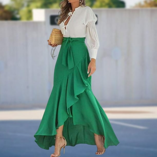 Faldas largas Falda larga casual para damas Una linea Asimetrica Color solido Estilo sexy Traje diario Cgtredaw Verde T L para Mujer Walmart en linea