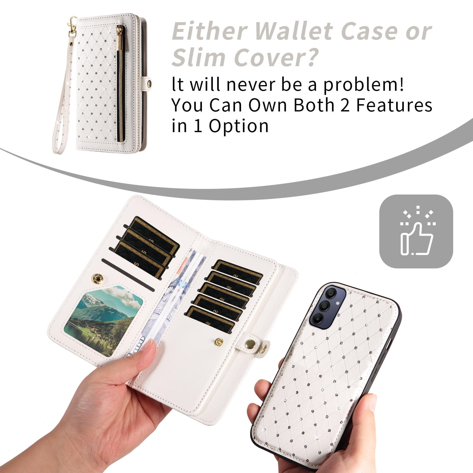 Asuwish Phone Case for Samsung Galaxy A15 5G/4G Zipper Wallet Detachable Cell Cover with Tempered Glass Screen Protector Crossbody Lanyard Strap Bling Glitter Flip Card Holder Slot A 15 G5 15A White