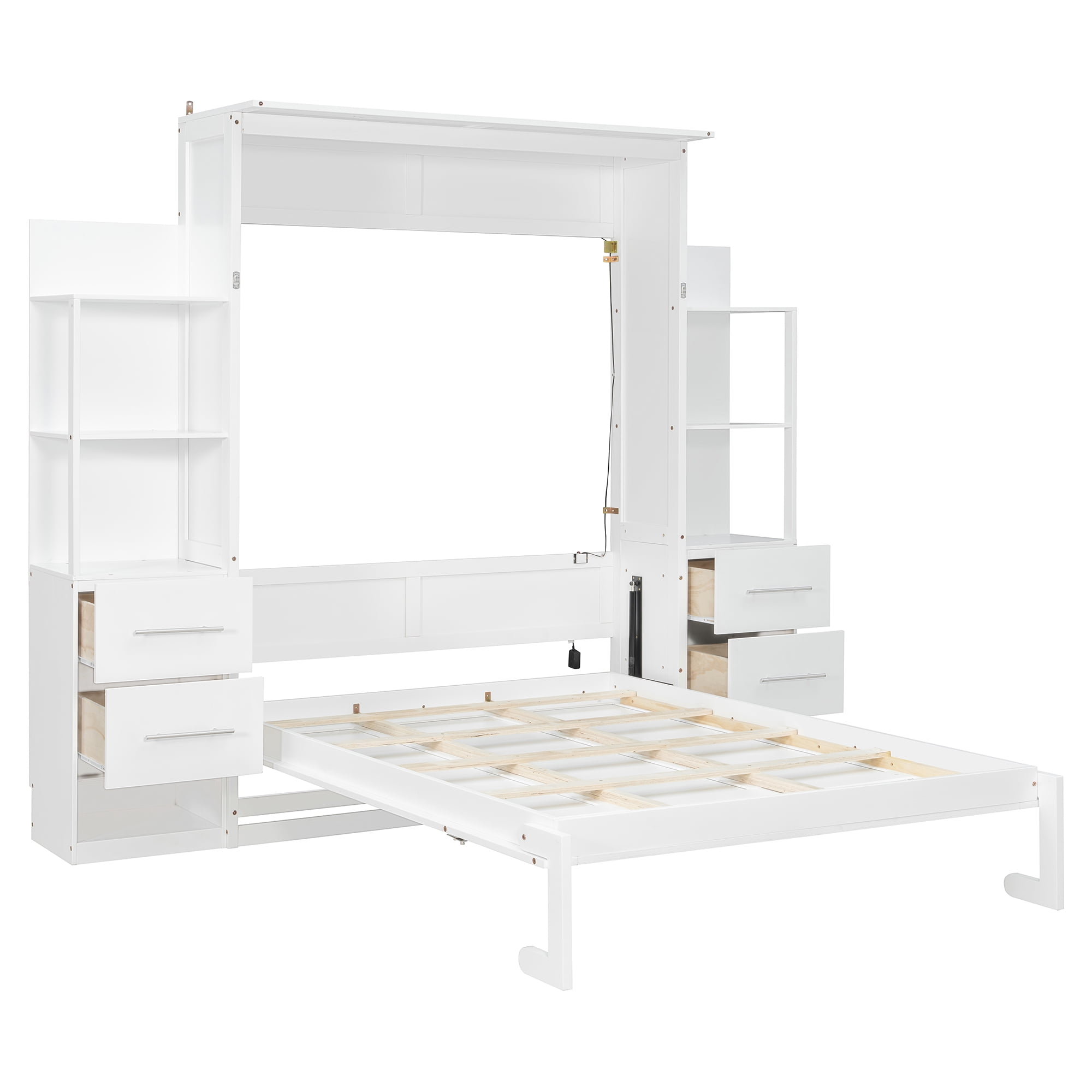 Full Size Murphy Bed with Shelves, 4 Drawers and LED Lights for Space-Saving Guest Room