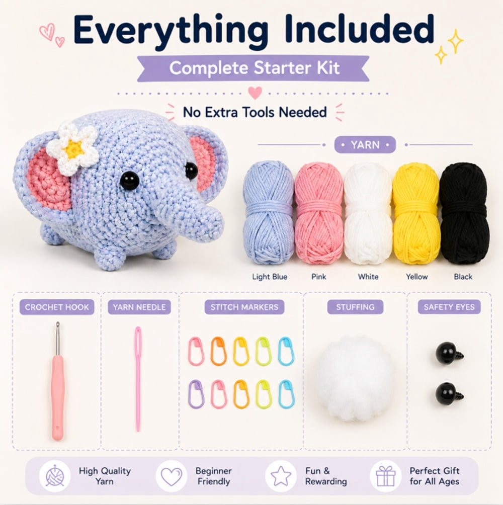 Elephant Crochet Kit for Beginners, 1 Pack Amigurumi Starter Set with Step by Step Video Tutorial, TIKA