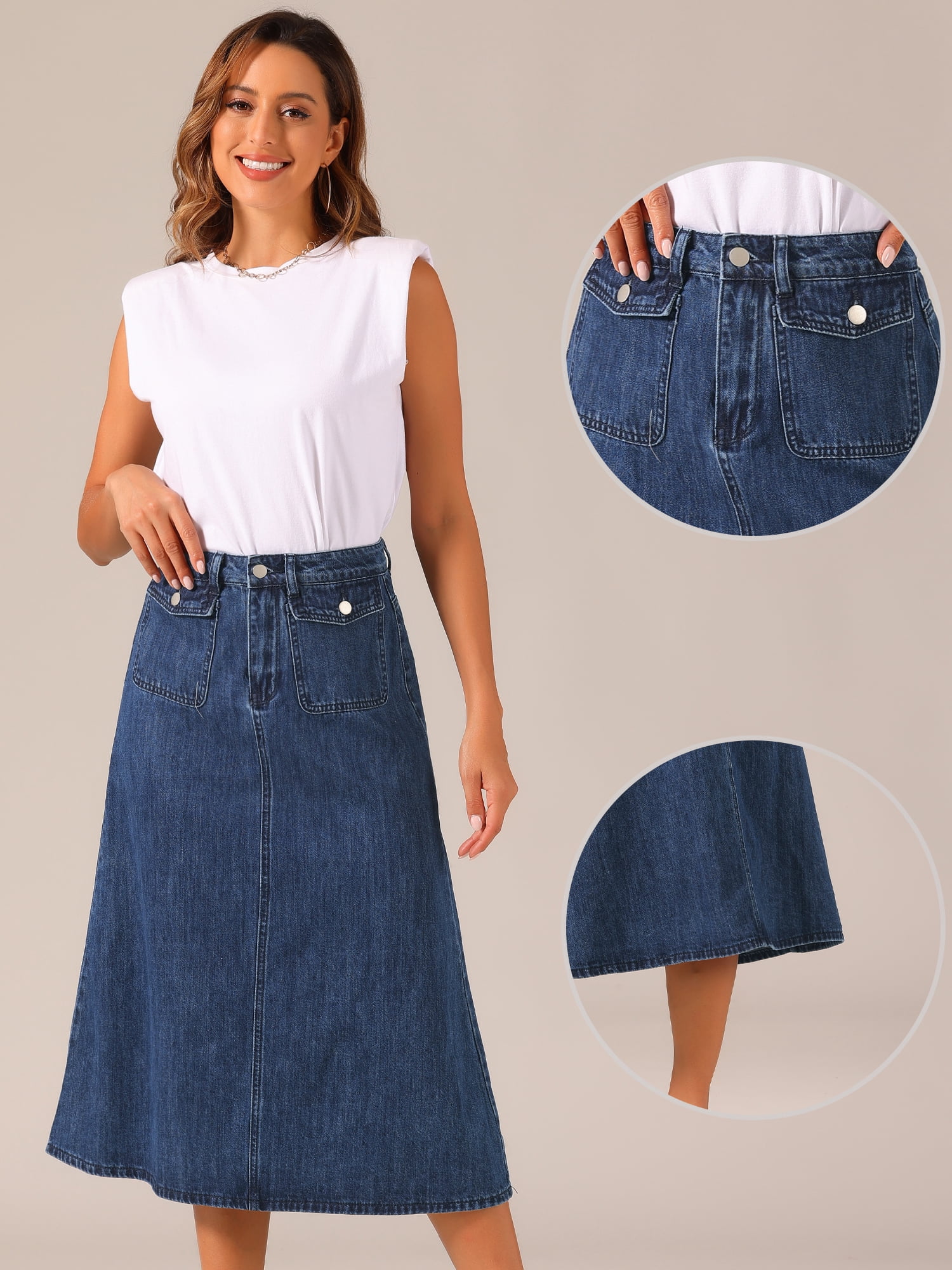 DARING DIVA Women's High Waisted Flap Pocket A-Line Vintage Denim Maxi Skirt M Dark Blue