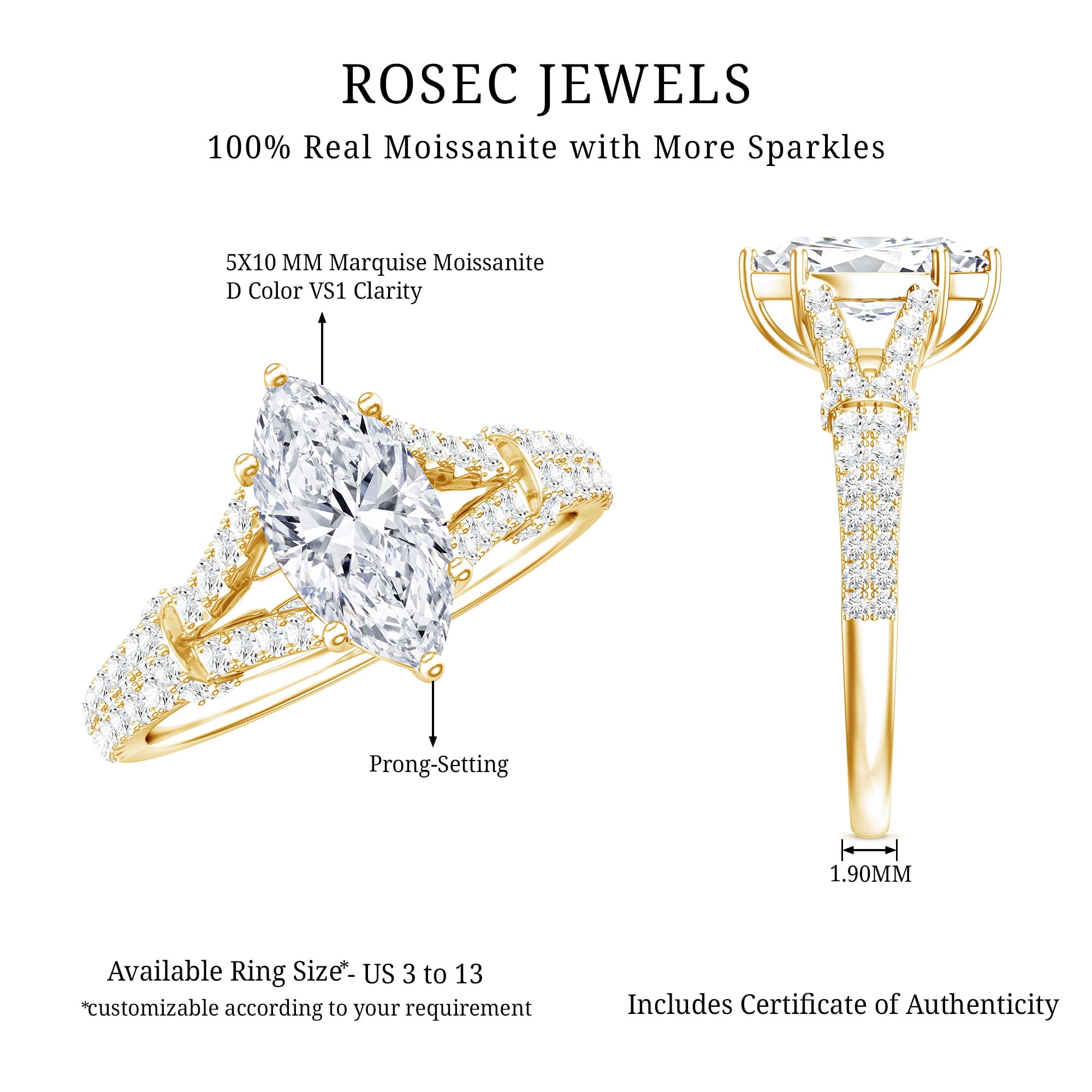 Rosec Jewels Silver Marquise Engagement Ring - 1 Ct Moissanite Ring - D-VS1 Quality Certified with 925 Sterling Hallmark, US 5.50