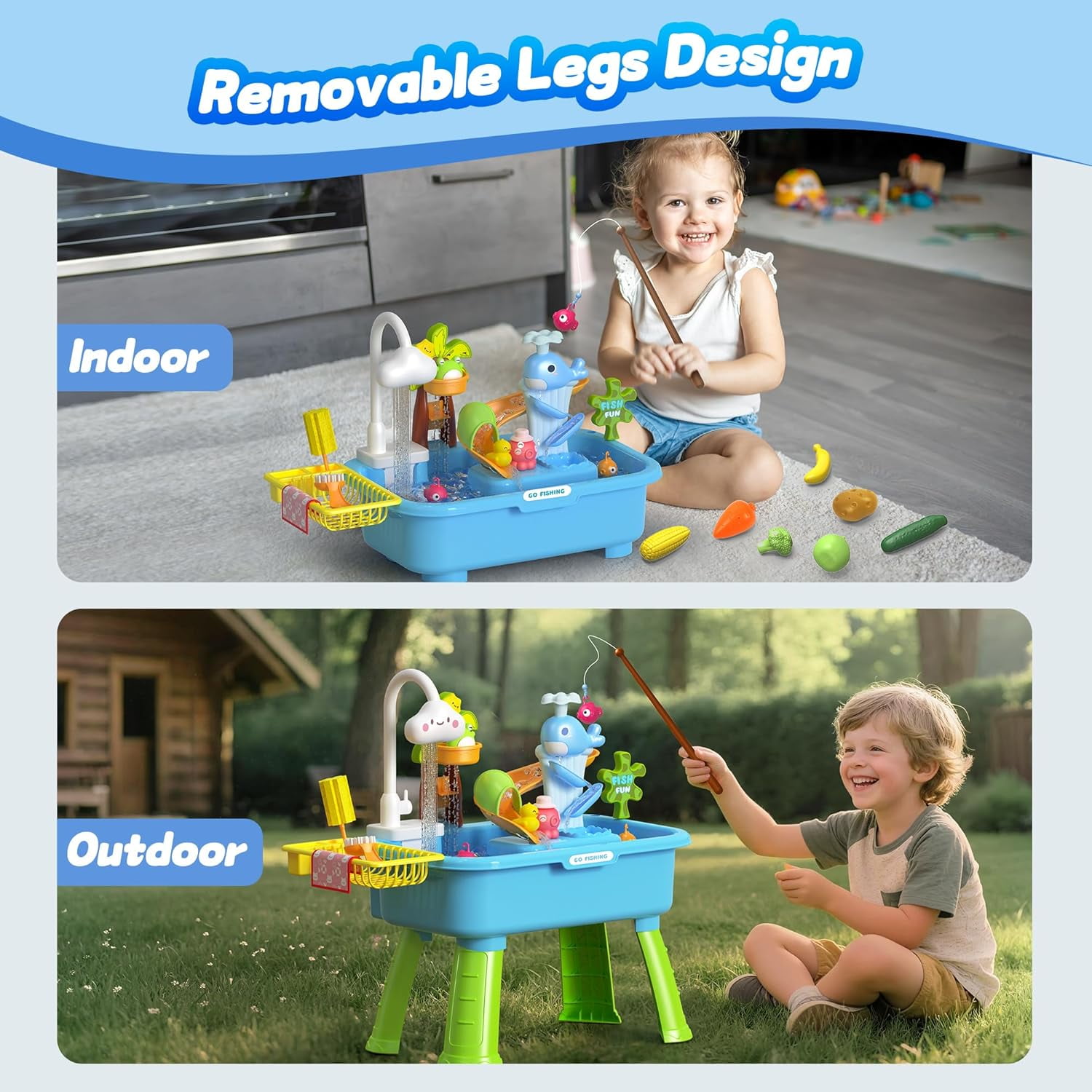 LINXUXIE 4-in-1 Toddler Sand Water Table, Kitchen Play Sink Toys with Electric Water Pump, Birthday Gifts for Kids 3-5 5-8 Year Old