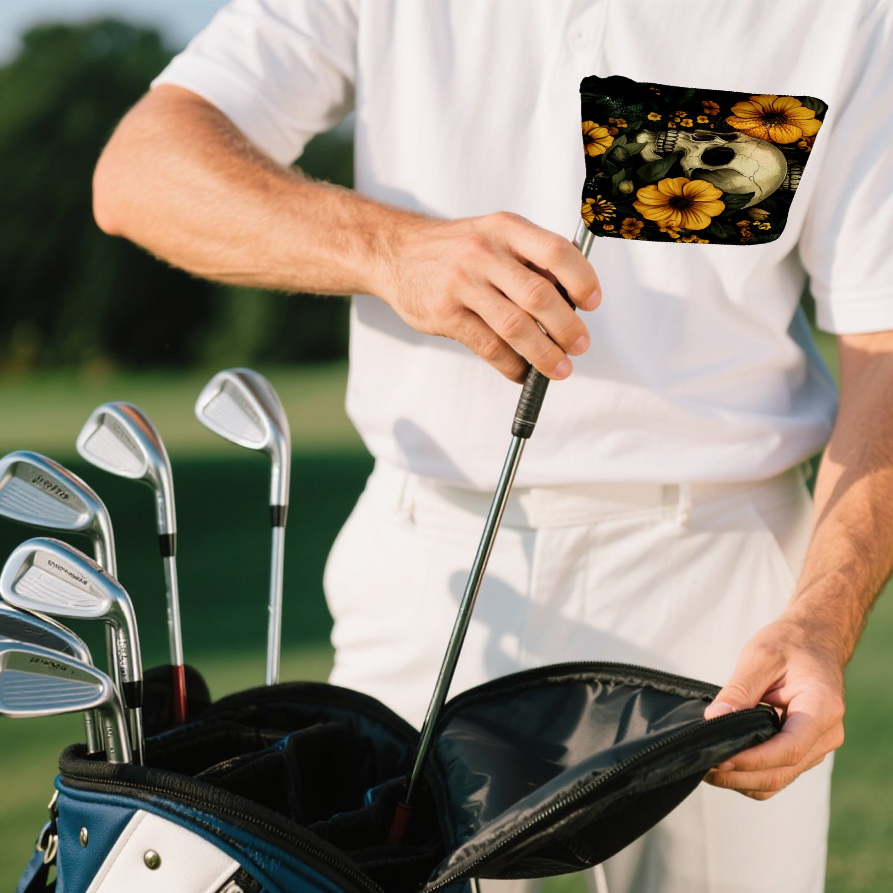 Golf Mallet Putter Cover Premium Leather Waterproof Golf Putter Head Cover with Magnetic Closure Yellow Flowers And Skulls