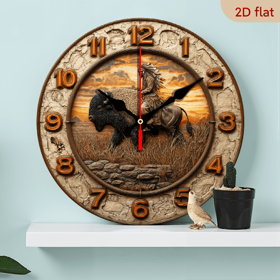 2D Flat, 1pc 10Inch Rustic Farmhouse Buffalo Wall Clock - Round Wooden Frame with Buffalo Head Antlers Design, Silent Non-Ticking Japanese Quartz Movement, Easy-to-Read Black Hands, Battery-Powere