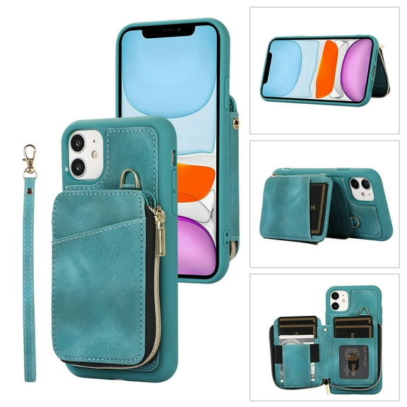 ELEHOLD for iPhone 12 Pro / 12 6.1",Luxury Zipper Wallet Case with Card Slots Zipper Pocket Kickstand Function Wriststrap Crossbody Shoulder Strap Shockproof Purse Case,green