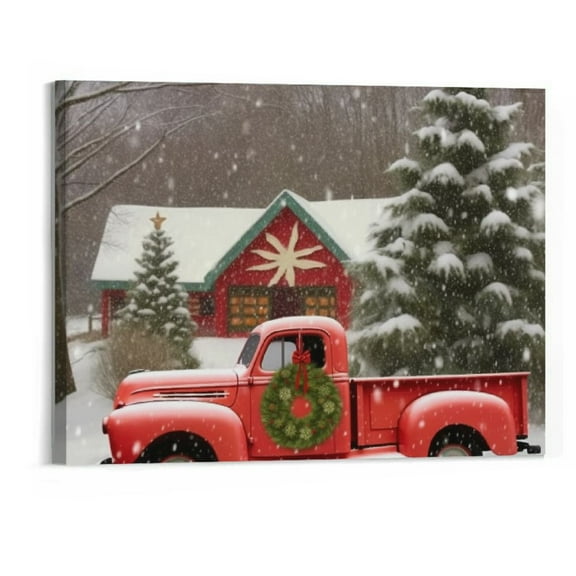 Shiartex Christmas Tree and Old-Fashioned Red Pick-Up Truck Winter Scene - Barn and Farmstead Poster Picture Art Print Canvas Wall Art Home Living Room Bedroom Decor Mural (20x16 Inch)