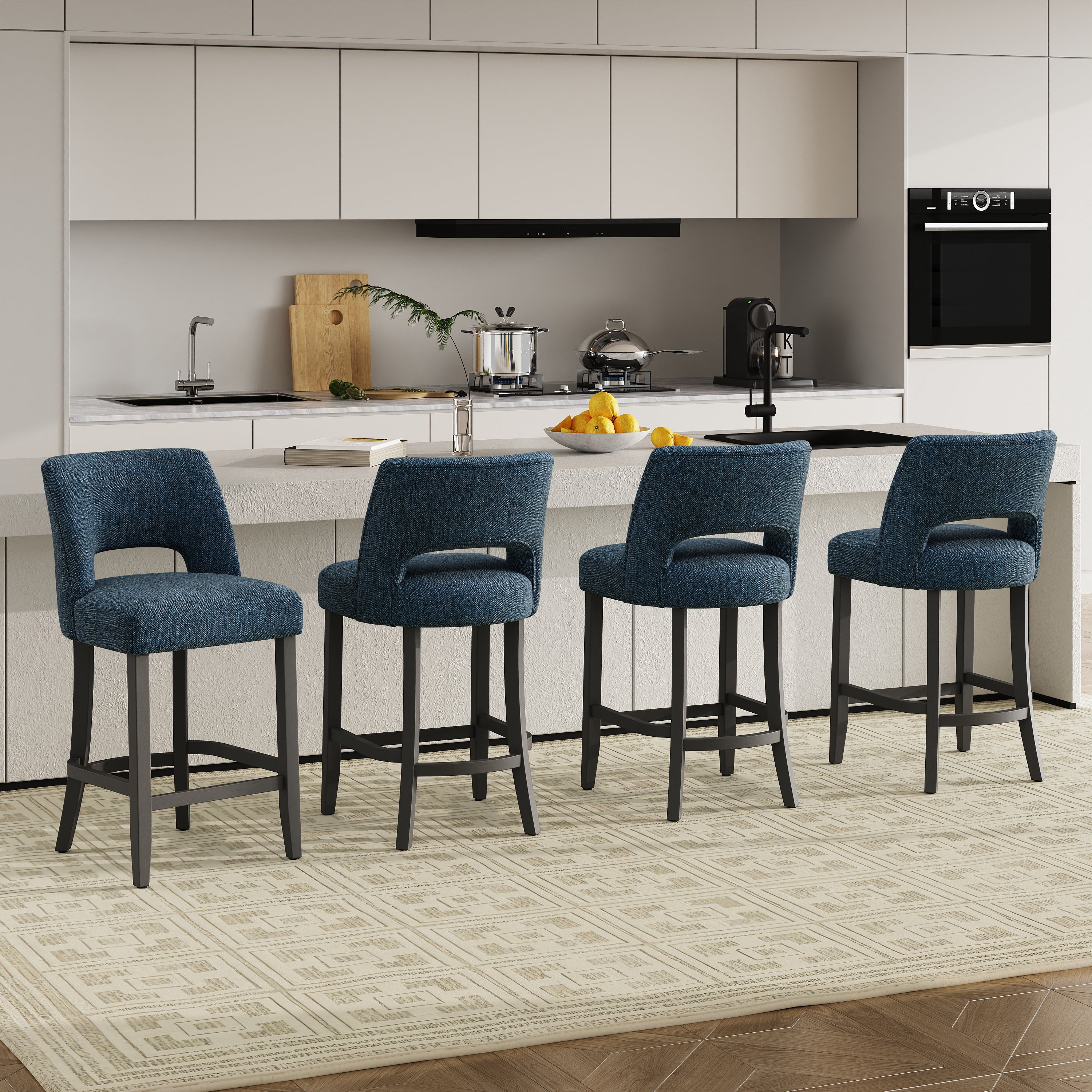 Vknow Furniture Mid-Century Counter Height Bar Stools Set of 6 with Solid Wood Legs and Ergonomic Backrest for Kitchen Island and Dining Room,Blue