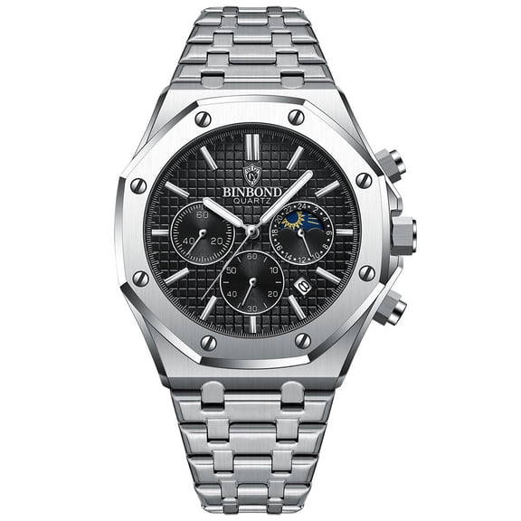 Men's Watch Luxury Business QuartzWristwatch Stainless SteelChronograph with Moon Phase,Waterproof Dress Sport Watch forMen, Silver and Black