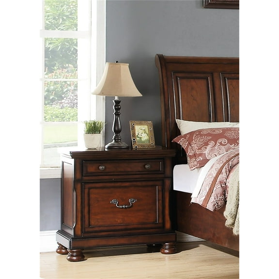 2 Drawers Bedroom Nightstand In Antique Cherry - Solid And Dependable Rubber Wood For Decoration