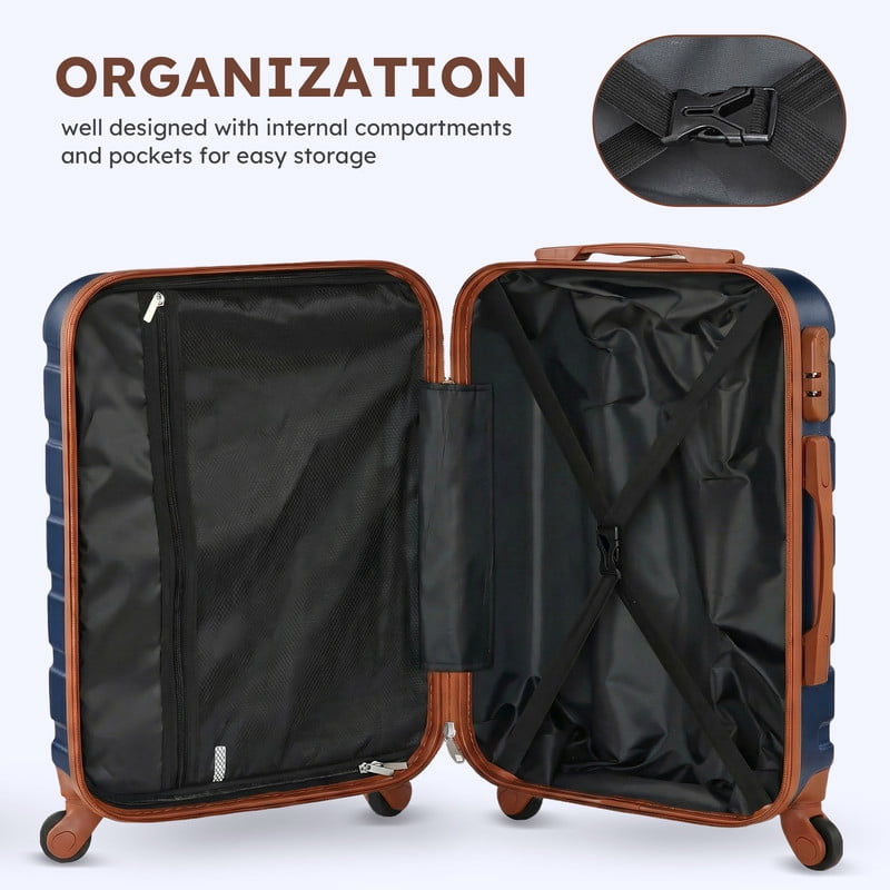 Gowill 3 Piece Luggage Sets,20 inch Hardside Lightweight ABS Carry-On Suitcase With Expandable Duffle Bag (Navy Blue Tan)
