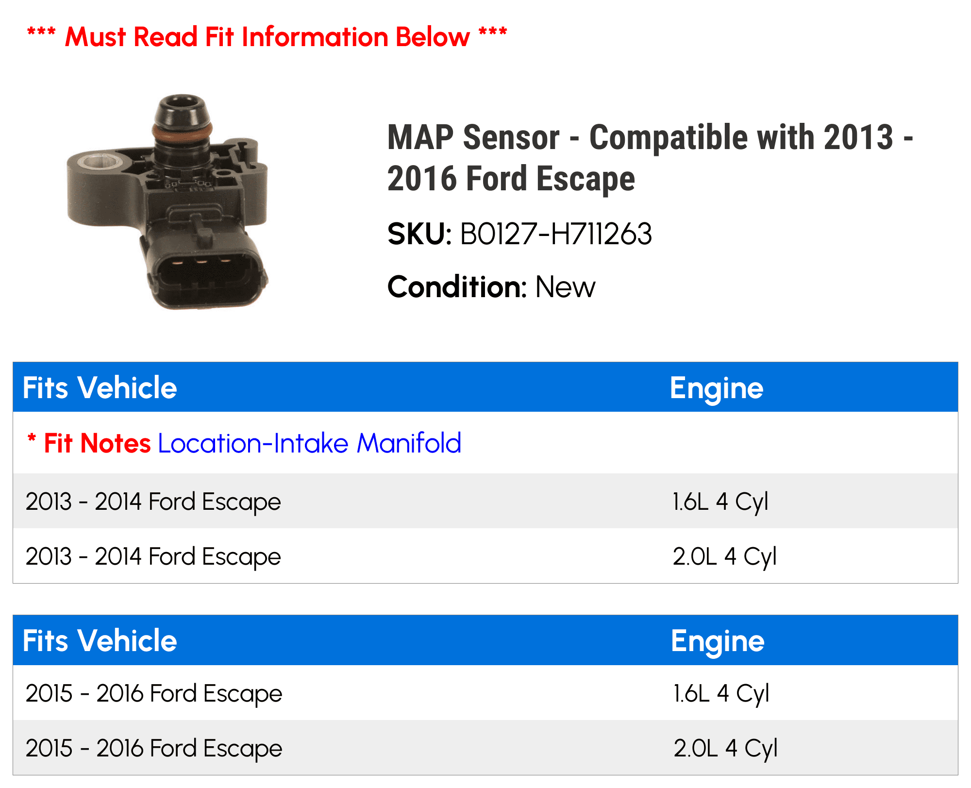 MAP Sensor - Compatible with 2013 - 2016 Ford Escape 2014 2015