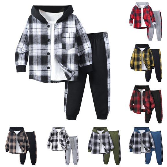 WhouRiu Boys Girls Autumn Casual Outfits Kids Unisex Plaid Graphic Buttons Hoodies And Pants Sets