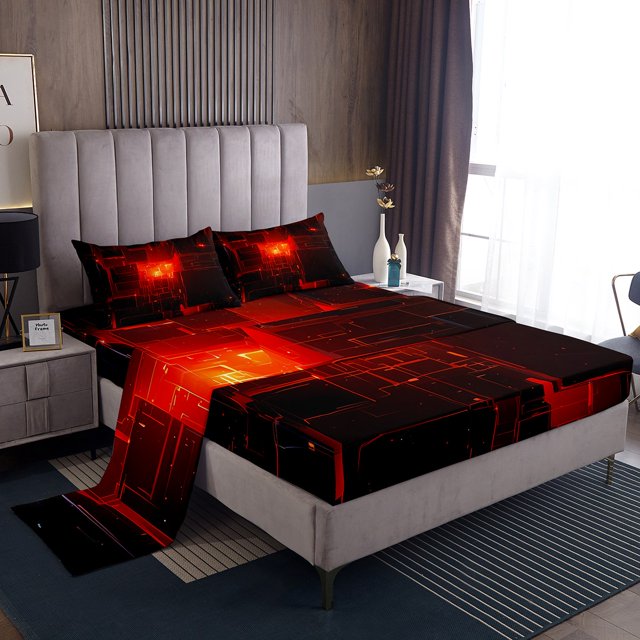 YST Draps Noirs et Rouges Carrés Néon Stéréoscopiques Ensemble de Draps Simple, Lumières Néon Géométrie Lumineuse Ensemble de Draps 3D Moderne à Carreaux Drap-Housse + Drap Plat + 1 Taie d'Oreiller