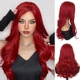 thumbnail image 1 of GNIMEGIL Peluca larga y rizada de 23 pulgadas en color rojo vivo, peluca de Ariel de hiedra venenosa con flequillo, pelucas sintéticas onduladas para mujer, disfraz de Halloween, juego de rol Drag Que, 1 of 5